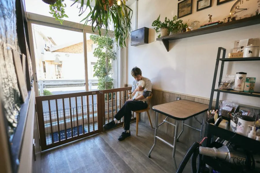 窓辺の明るい部屋で、椅子に座った人のそばに犬がいる自宅での様子
